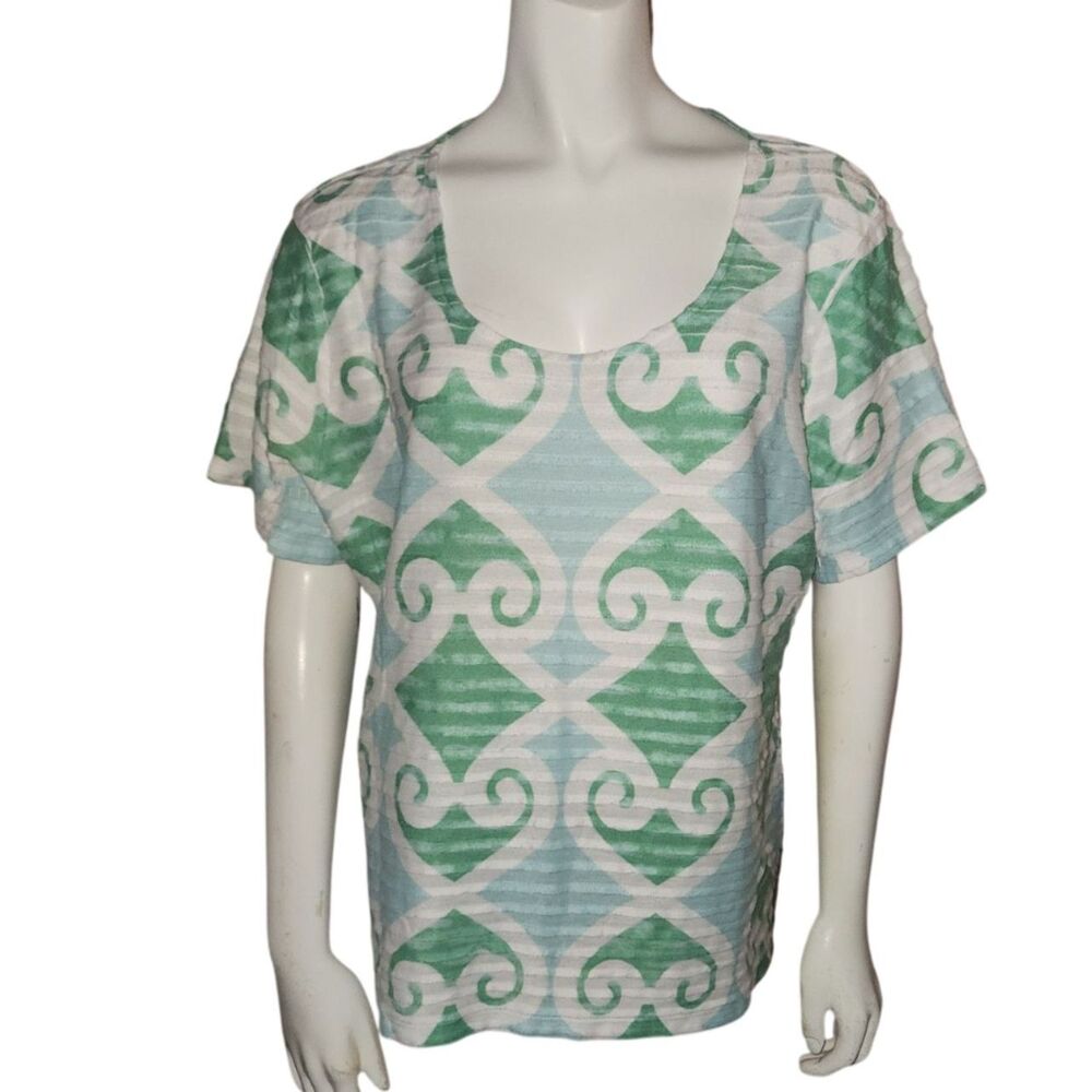 Karen Scott Green White Geometric Print Scoop Neck Top Womens Size XL